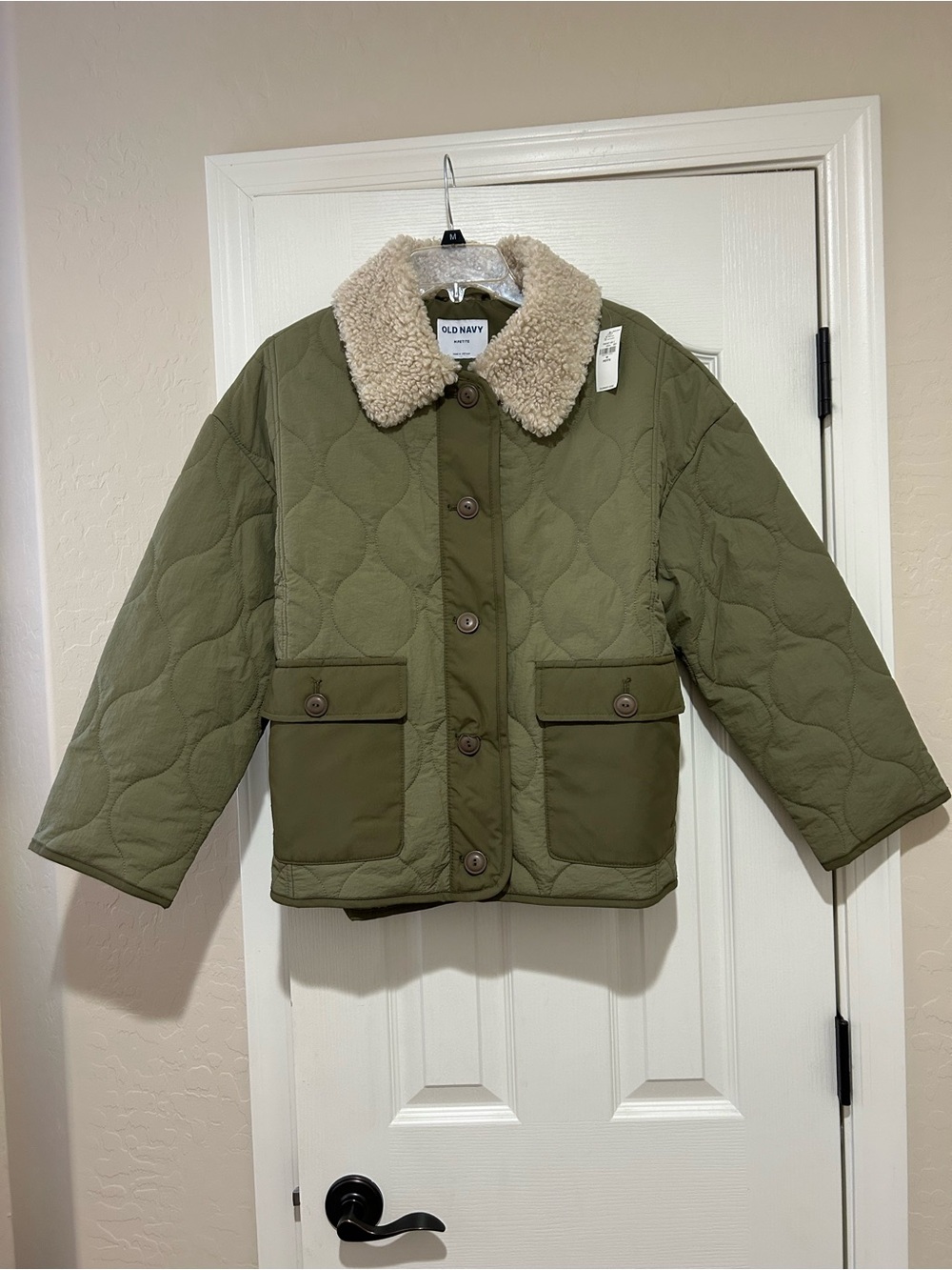 Old Navy Olive Quilted Puffer Jacket with Cream Sherpa Collar NWT